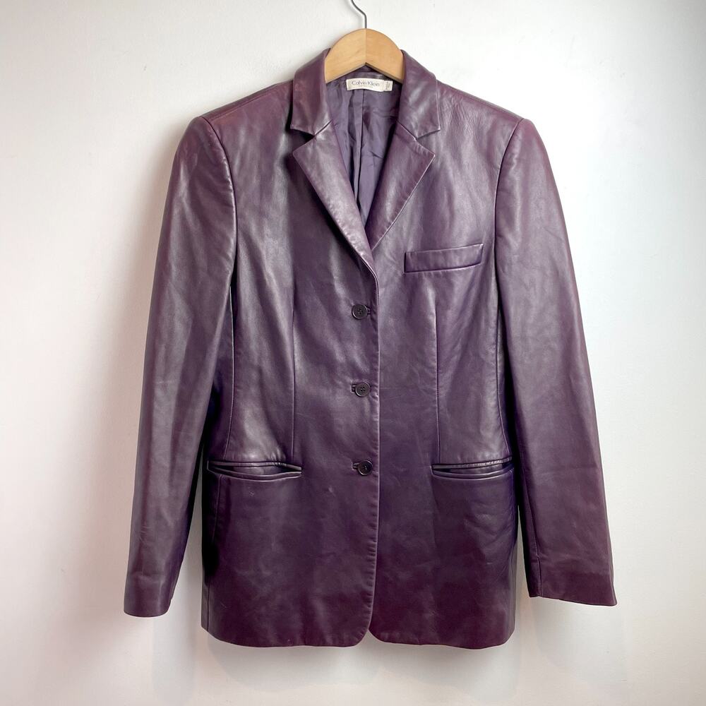 Vintage 90s Calvin Klein Collection Leather Blazer Sz S-M Minimalist Luxury